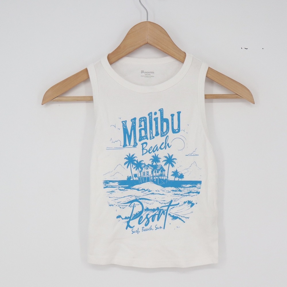 No Boundaries Tank Top Women XXS Malibu Beach Resort White Graphic Excellent